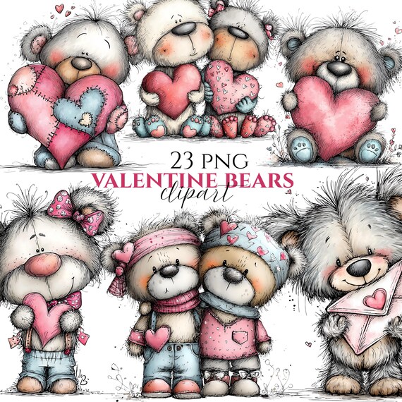 Valentine Bears Clipart Bundle, Cute Bear PNG, (Digital Download 23 PNG)