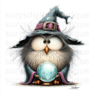 May include: A whimsical illustration of an owl wearing a wizard hat and holding a crystal ball. The owl is gray and white with large eyes and an orange beak. The hat is blue with gold stars and a pink band. The crystal ball is light blue.