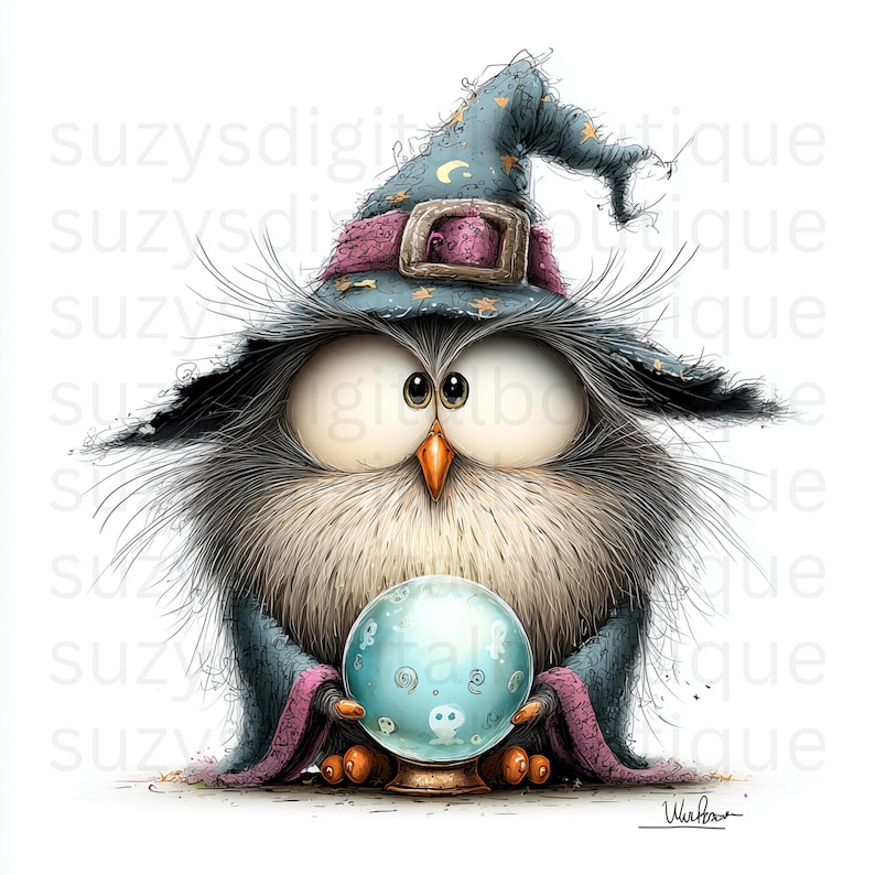 May include: A whimsical illustration of an owl wearing a wizard hat and holding a crystal ball. The owl is gray and white with large eyes and an orange beak. The hat is blue with gold stars and a pink band. The crystal ball is light blue.