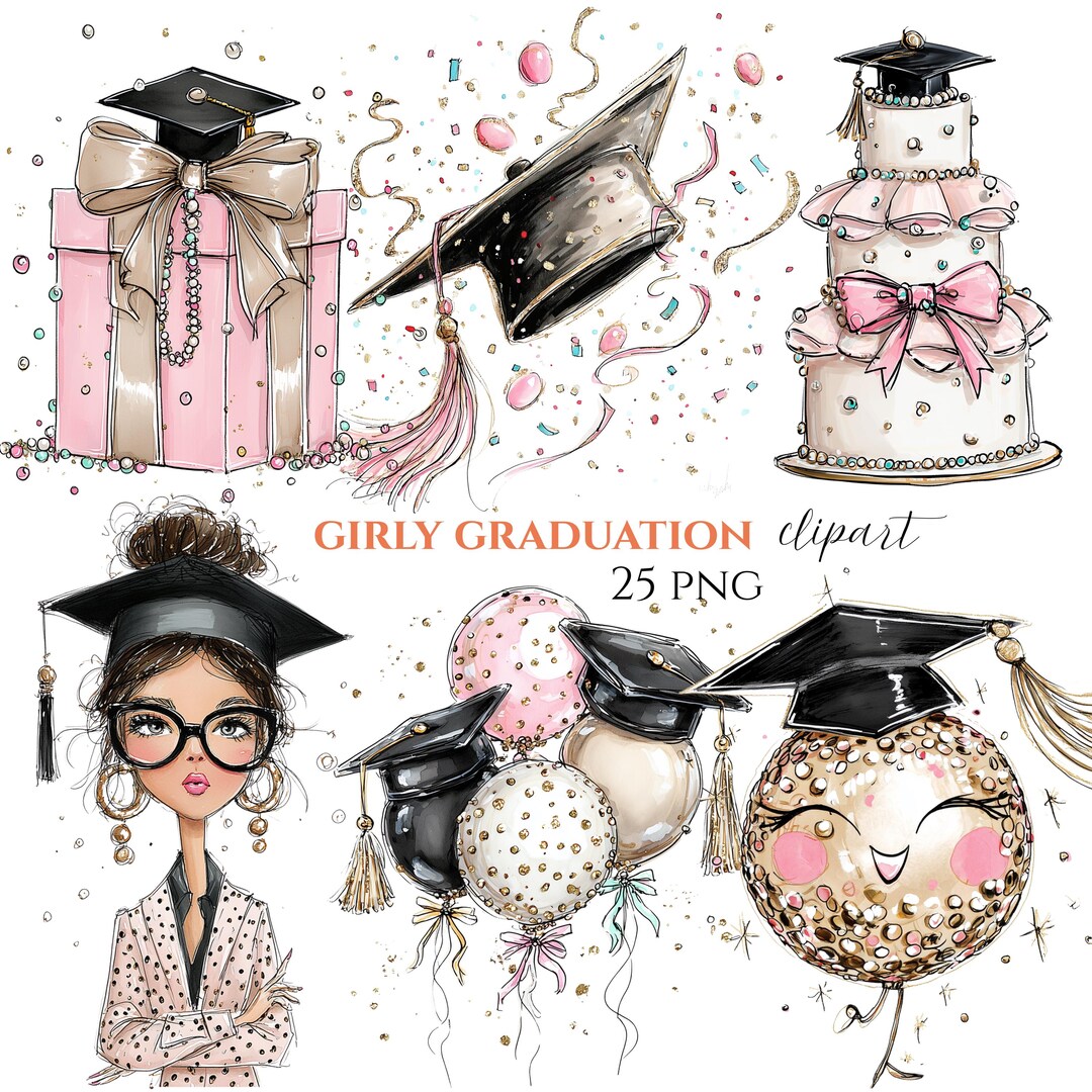 Pink Graduation Clipart Bundle, Class of 2026, Girly Grad PNG, Coquette ...