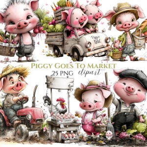 May include: A collection of whimsical illustrations featuring anthropomorphic pigs engaged in various market activities. Pigs are shown driving a truck, selling eggs, and carrying baskets of produce. The phrase "Piggy Goes to Market" is displayed.