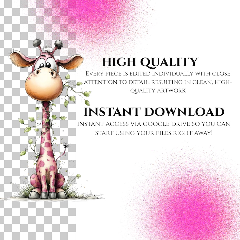 Op de afbeelding: Een illustratie van een giraf met roze vlekken en een grote, ronde kop. De giraf is versierd met wijnranken en bladeren. De tekst luidt "HIGH QUALITY" en "INSTANT DOWNLOAD". De achtergrond heeft roze spetters.