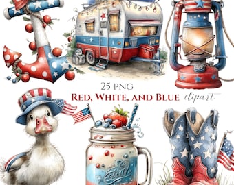 4th of July Clipart Bundle | Watercolor Americana Farmhouse Graphics (25 PNG) Digital Download