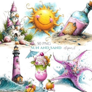 Puede incluir: Conjunto de imágenes prediseñadas de acuarela con un sol sonriente, un castillo de arena, un faro, una botella con un mensaje, una estrella de mar y un helado. El texto "SUN AND SAND clipart" está incluido. Las imágenes son rosas, amarillas y azules.