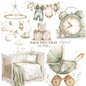 Könnte beinhalten: Aquarell-Illustration mit Baby-Themen in sanften Salbei-Grün- und Beigetönen. Enthält ein Kinderbett, einen Kinderwagen, ein Mobile, Blöcke mit der Aufschrift "BOY" und Babykleidung. Der Text "SAGE NEUTRAL clipart 45 PNG" ist ebenfalls vorhanden.