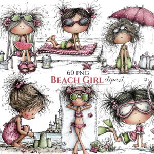 May include: A digital illustration of six cartoon beach girls in different beach scenes. One girl is in a deckchair with watermelon, others sunbathe, build sandcastles, or swim. The text "60 PNG BEACH GIRL clipart" is visible.