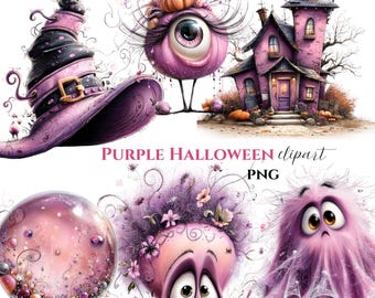 Paquete de imágenes prediseñadas de Halloween en color morado, sombrero de bruja caprichoso en formato PNG, gráficos góticos en acuarela (30 imágenes PNG)