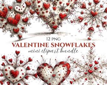 Valentine Snowflake Clipart Bundle (Digital Download 12 PNG) Red Hearts and Winter Snowflakes Romantic Holiday Graphics