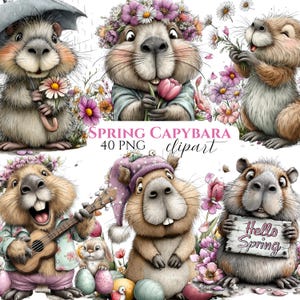 May include: A digital clipart set featuring whimsical capybaras in spring settings. The illustrations include capybaras with flower crowns, holding flowers, playing a ukulele, and holding a "Hello Spring" sign. The text "Spring Capybara 40 PNG clipart" is also visible.