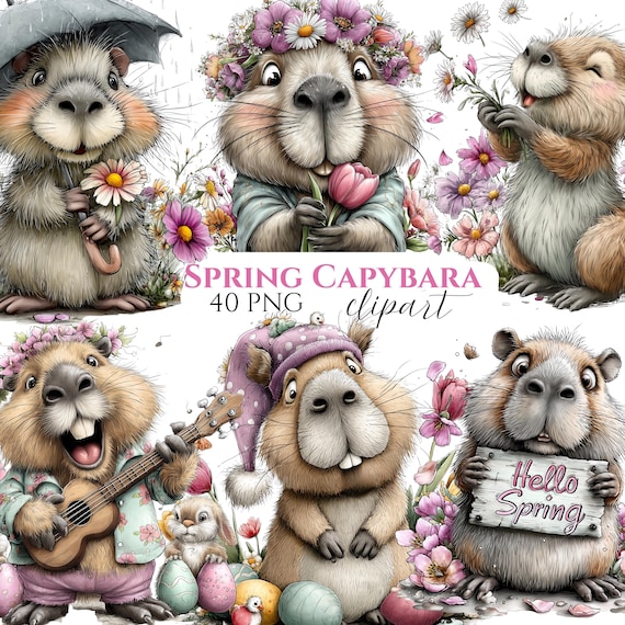 Watercolor Spring Capybara Clipart Bundle, Easter Flowers (40 PNG)