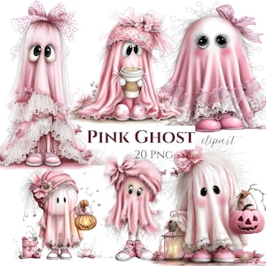 Op de afbeelding: Een verzameling digitale illustraties met zes verschillende roze spookfiguren. De spoken zijn versierd met strikken, kant en hoeden, waarbij sommigen koffiekopjes, lantaarns of pompoenen vasthouden. De tekst luidt PINK GHOST 20 PNG.
