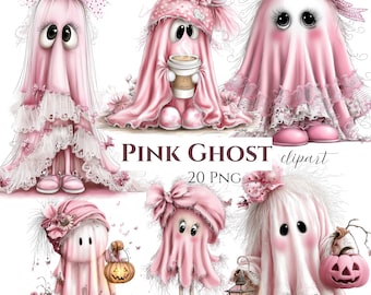 Pink Ghost Clipart Bundle, Whimsical Halloween PNG Graphics (20 PNG Digital Download)