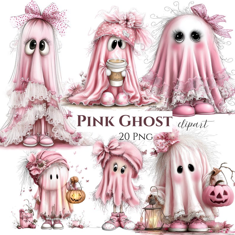 Puede incluir: Una colecci&oacute;n de ilustraciones digitales con seis personajes de fantasmas rosas distintos. Los fantasmas est&aacute;n adornados con lazos, encajes y sombreros, algunos sosteniendo tazas de caf&eacute;, linternas o calabazas. El texto dice PINK GHOST 20 PNG.