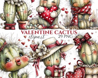 Watercolor Valentine Cactus Clipart Bundle, Kawaii Love Designs (Digital Download 29 PNG)