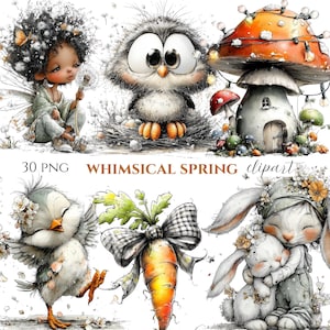 Whimsical Spring Clipart Bundle, Fairy Tale Illustrations (30 PNG) (Digital Download)