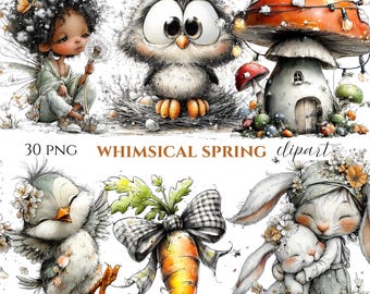 Whimsical Spring Clipart Bundle, Fairy Tale Illustrations (30 PNG) (Digital Download)