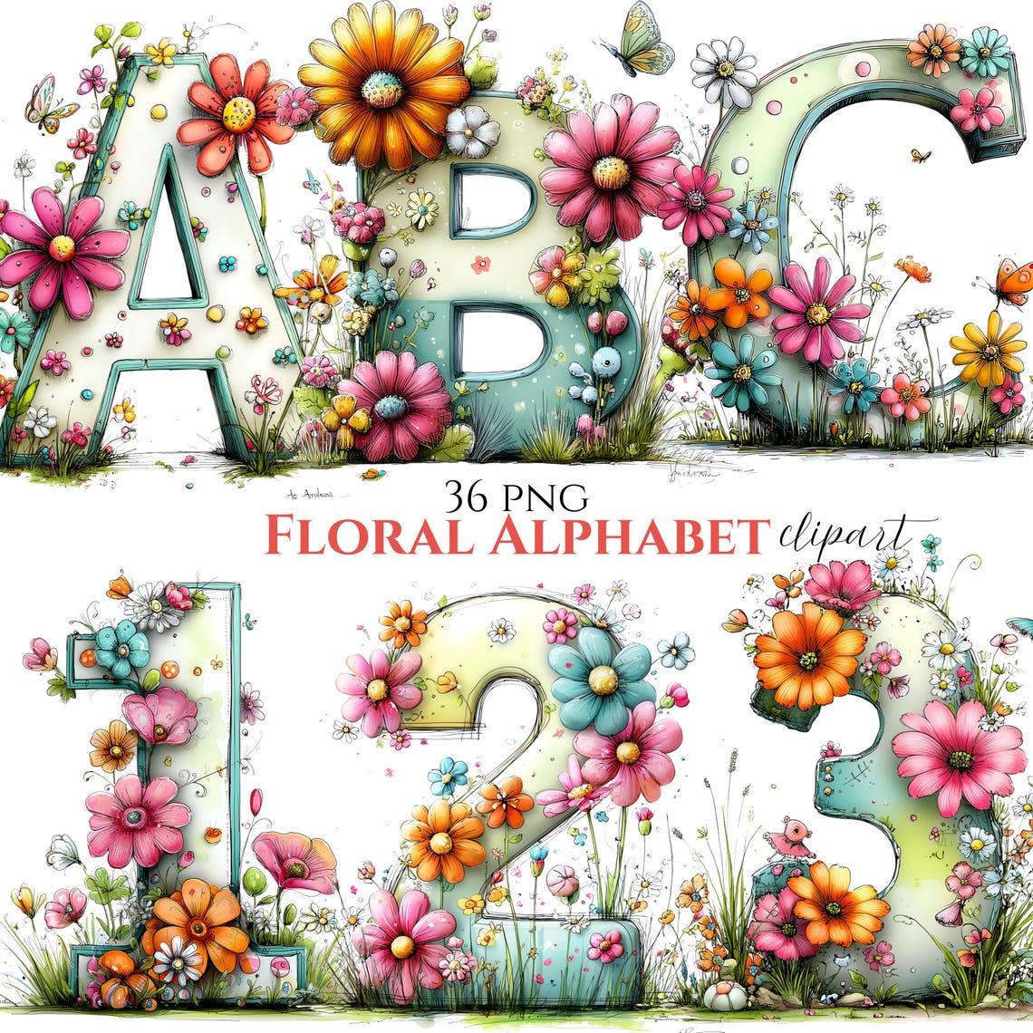 Floral Alphabet Clipart Bundle, Whimsical Flower Monogram Numbers ...
