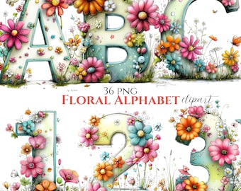 Bloemenalfabet clipartbundel, grillige bloem monogramnummers (digitale download)
