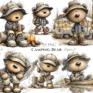 Könnte beinhalten: Eine Sammlung skurriler Campingbär-Clipart-Bilder. Jeder Bär, der Hüte und karierte Hemden trägt, wird in Outdoor-Szenen dargestellt, wie Camping, Holzhacken und Bootfahren. Der Text "25 PNG CAMPING BEAR clipart" ist enthalten.