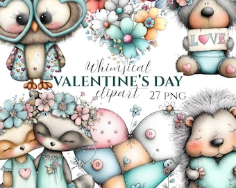 May include: A digital illustration featuring whimsical Valentine's Day clipart. The image includes an owl wearing heart-shaped glasses, a dog holding a "LOVE" sign, and other cute animal characters. The text "Whimsical Valentine's Day clipart 27 PNG" is also present.