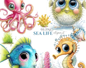 May include: A set of colourful illustrations featuring marine creatures: a pink octopus, a yellow pufferfish, a blue fish, and a yellow seahorse. The image includes coral, seaweed, and the text "95 PNG SEA LIFE clipart".