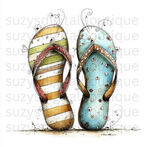 May include: Watercolor illustration of two flip-flops. One is striped with orange, white, and green, with a red strap. The other is light blue with a floral pattern and brown straps. Both are on a sandy surface.