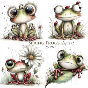 May include: A collection of four whimsical frog illustrations. The frogs are green, red, and white, with large eyes and are decorated with ladybugs. The text "SPRING FROGS clipart 25 PNG" is displayed below the images.