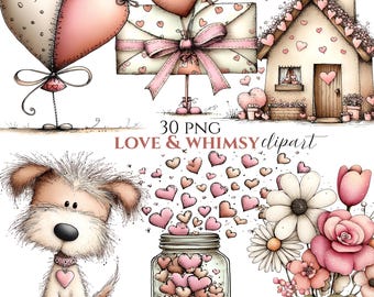 Whimsical Valentine Clipart Bundle, Cottagecore Graphics, Hearts, Flowers, Dog (30 PNG) (Digital Download)