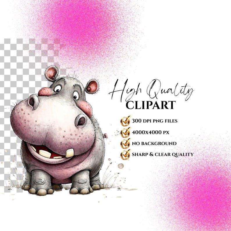 Op de afbeelding: Een cartoon illustratie van een glimlachende nijlpaard met een roze en grijze kleurenschema. De nijlpaard heeft grote tanden en staat tegen een witte achtergrond met roze verfspatten. De tekst luidt "High Quality CLIPART".