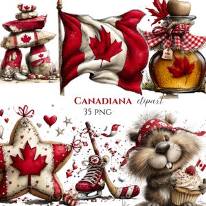 Pacchetto di clipart ad acquerello per la Festa del Canada: foglia d'acero, alce, svasso, canoa (35 PNG)
