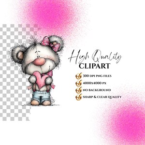 May include: A whimsical illustration of a teddy bear holding a pink heart. The bear has a pink bow, denim overalls, and a pink nose. The text "High Quality CLIPART" is displayed with details about the image.