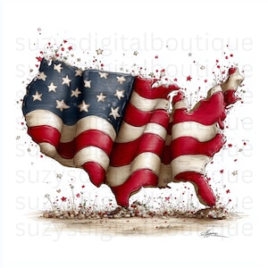May include: An artistic rendering of the United States in the shape of the American flag. The flag is red, white, and blue, with stars and stripes. The image has a distressed, vintage look, with scattered stars and flowers.