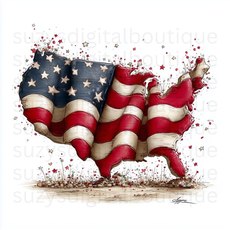 May include: An artistic rendering of the United States in the shape of the American flag. The flag is red, white, and blue, with stars and stripes. The image has a distressed, vintage look, with scattered stars and flowers.