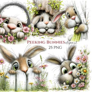 May include: A digital illustration of cartoon bunnies peeking out from different places. One bunny is in a basket with pink flowers, another in a tree hollow, and a third behind a curtain. The text "PEEKING BUNNIES clipart 25 PNG" is also visible.