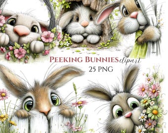 Op de afbeelding: Een digitale illustratie met cartoonkonijnen die uit verschillende omgevingen tevoorschijn komen. Eén konijn zit in een mand met roze bloemen, een ander in een boomholte en een derde achter een gordijn. De tekst "PEEKING BUNNIES clipart 25 PNG" is ook zichtbaar.
