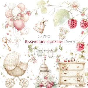 Paquete de imágenes prediseñadas de acuarela de frambuesa para guardería, elementos decorativos para niña (50 PNG)