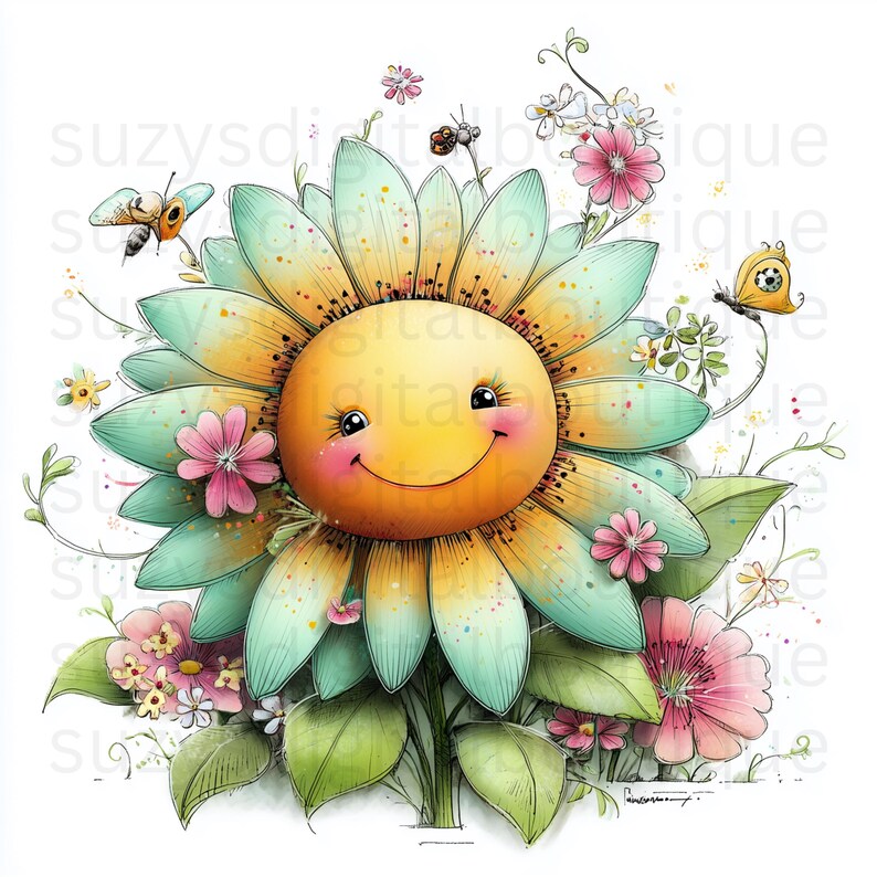 May include: A whimsical illustration of a smiling sunflower with yellow and teal petals, a cheerful face, and pink cheeks. Butterflies, bees, and other flowers surround the sunflower, creating a vibrant and joyful scene. The image has a watercolor style.