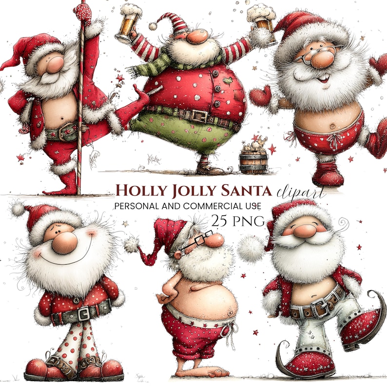 Whimsical Santa Clipart Bundle | Watercolor Christmas Graphics (25 PNG ...