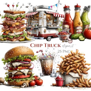 Könnte beinhalten: Ein digitales Illustrationsset mit einem Imbisswagen, einem mehrschichtigen Sandwich, einem Doppel-Cheeseburger, einer Portion Pommes frites, drei Gewürzflaschen und einem Getränk. Der Text CHIP TRUCK clipart 25 PNG ist mittig platziert.