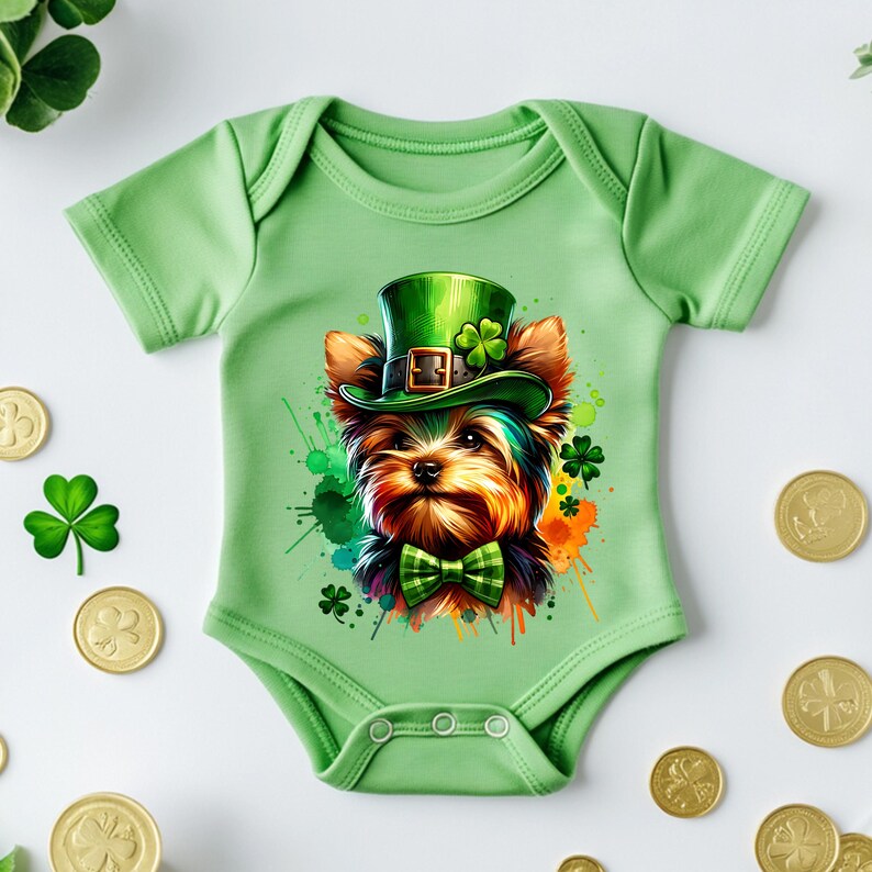 St Patricks Day Yorkie Welpen Clipart, Kobold Hut PNG (digitaler Download) Bild 4