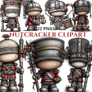 Puede incluir: Una colección de imágenes prediseñadas de cascanueces de dibujos animados. Cada cascanueces viste un uniforme rojo y plateado con un sombrero a juego. Algunos sostienen regalos, tambores o bastones de caramelo. El texto "22 PNGS" y "NUTCRACKER CLIPART" es visible.