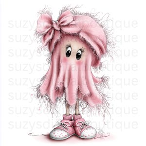 Puede incluir: Una ilustraci&oacute;n digital de un personaje fantasma rosa con un lazo grande en la cabeza, que lleva zapatillas rosas con lunares blancos. El fantasma tiene ojos negros grandes, pesta&ntilde;as largas y un aspecto deshilachado y texturizado. El texto suzysdigitalboutique se repite.