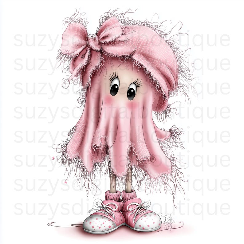 Puede incluir: Una ilustraci&oacute;n digital de un personaje fantasma rosa con un lazo grande en la cabeza, que lleva zapatillas rosas con lunares blancos. El fantasma tiene ojos negros grandes, pesta&ntilde;as largas y un aspecto deshilachado y texturizado. El texto suzysdigitalboutique se repite.