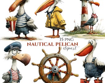 Aquarel nautische pelikaan clipart, kustscène bouwer (35 png)