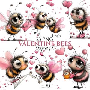 Könnte beinhalten: Eine digitale Illustration mit mehreren Cartoon-Bienen mit großen Augen, rosa Flügeln und schwarz-gelb gestreiften Körpern. Die Bienen halten Herzen, Luftballons und ein Banner mit der Aufschrift "I Love You". Der Text "23 PNG VALENTINE BEES clipart" ist ebenfalls vorhanden.