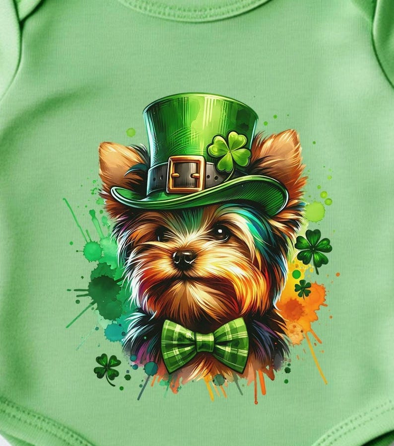 yorkshire yorkie terrier st patricks day png with leprechaun hat and a green plaid bowtie