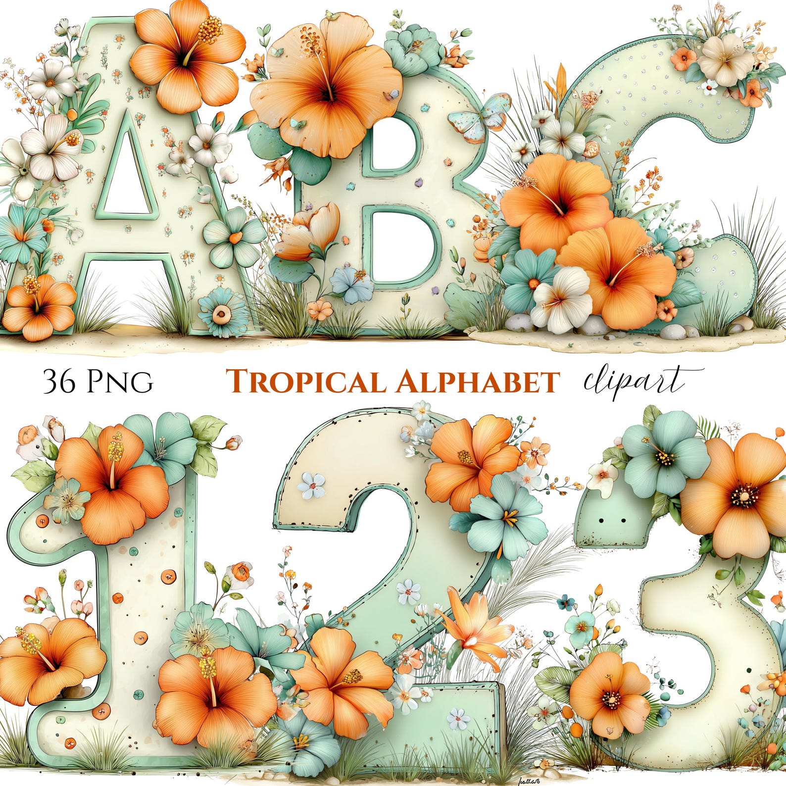 Tropical Floral Alphabet Clipart Bundle, Watercolor Botanical Letters ...