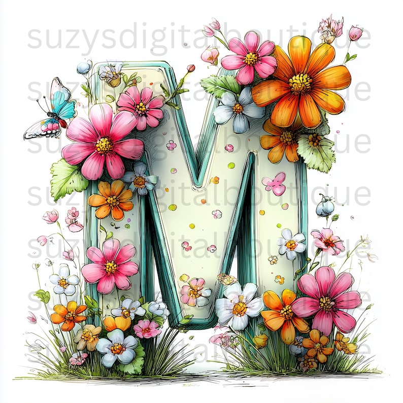 Pu&ograve; includere: Illustrazione floreale della lettera "M" con contorno turchese. La lettera &egrave; adornata con fiori rosa, arancioni e bianchi, foglie verdi e una farfalla blu. Lo sfondo &egrave; bianco.