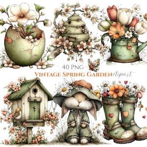 May include: A digital illustration featuring various spring garden elements. Includes a cracked egg with flowers, a beehive, a watering can with tulips, a birdhouse, a bunny in a hat, and rain boots with flowers. The text "40 PNG VINTAGE SPRING GARDEN clipart" is also present.