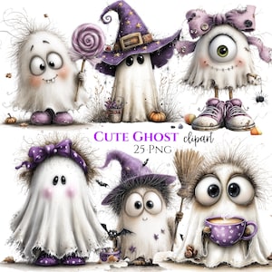 Pode incluir: Uma coleção de seis ilustrações de fantasmas brancos com vários acessórios, incluindo um chapéu de bruxa roxo, um pirulito rosa, um laço roxo, uma vassoura e uma caneca de café roxa. O texto CUTE GHOST clipart 25 PNG está centralizado.